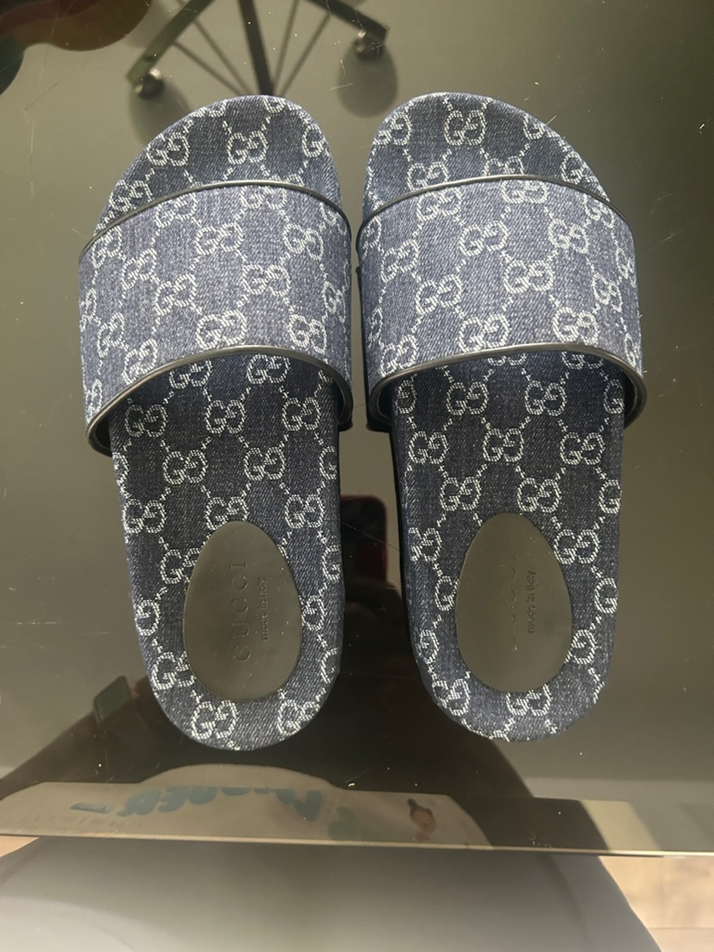 Gucci Blue Monogram Denim Slide Sandals
